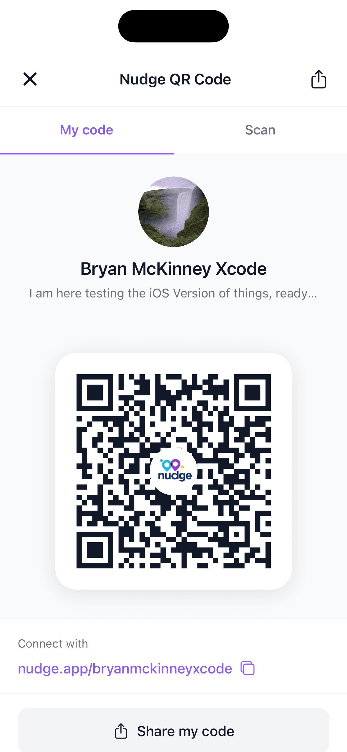 Nudge app QR code screen for connecting